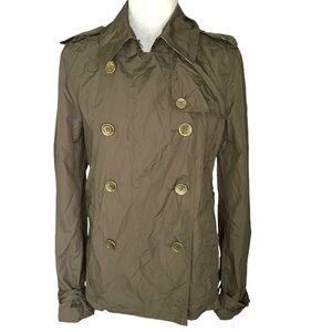 Burberry Peasdale Brown Tan Nylon Double Breasted Gold Button Trench Jacket - 8